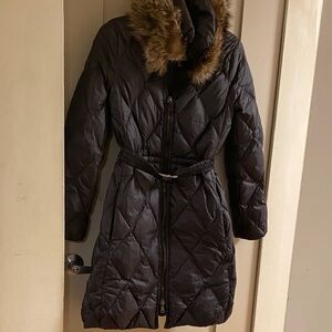 Coach Black Quilted Long Belted Puffer Coat with Fur trim